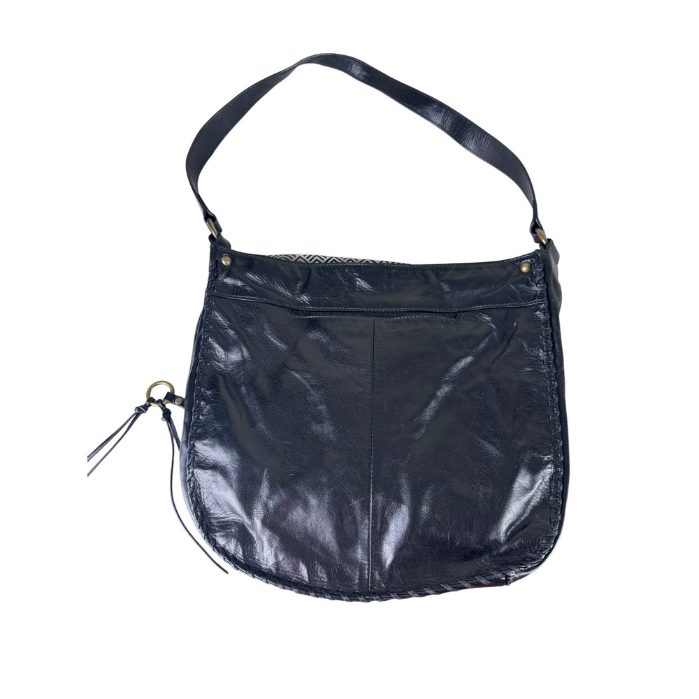 Black Genuine Leather Hobo Shoulder Bag Whipstitch Tassel Trim Geometric Lining